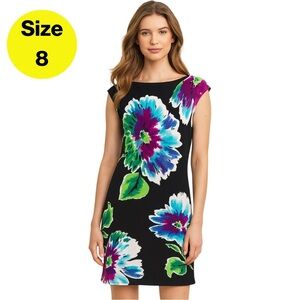 3/for $15 🍒 LONDON TIMES Floral Black Sheath Dress (Size 8)